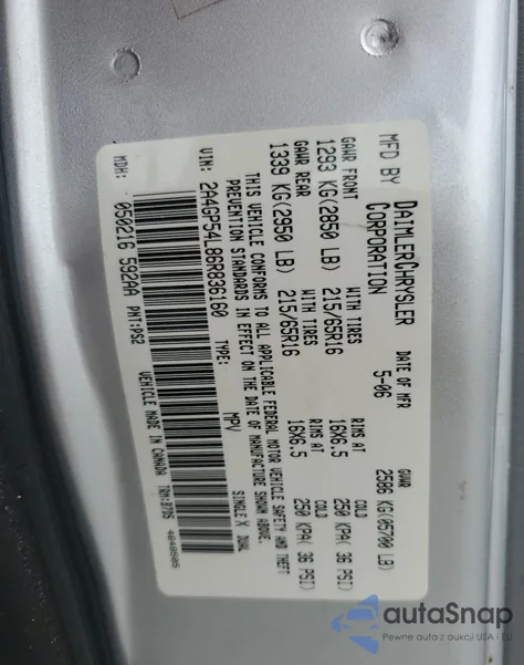 2006 Chrysler Town & Country Touring из США, поврежденный, VIN 2A4GP54L86R836160